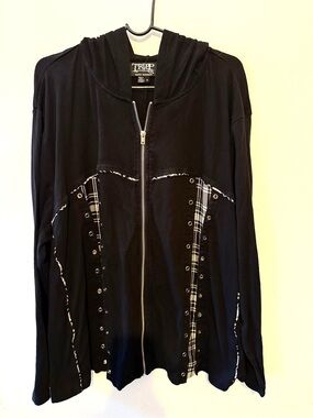 Tripp NYC Black Zip Hoodie with Plaid & Grommet Detail
